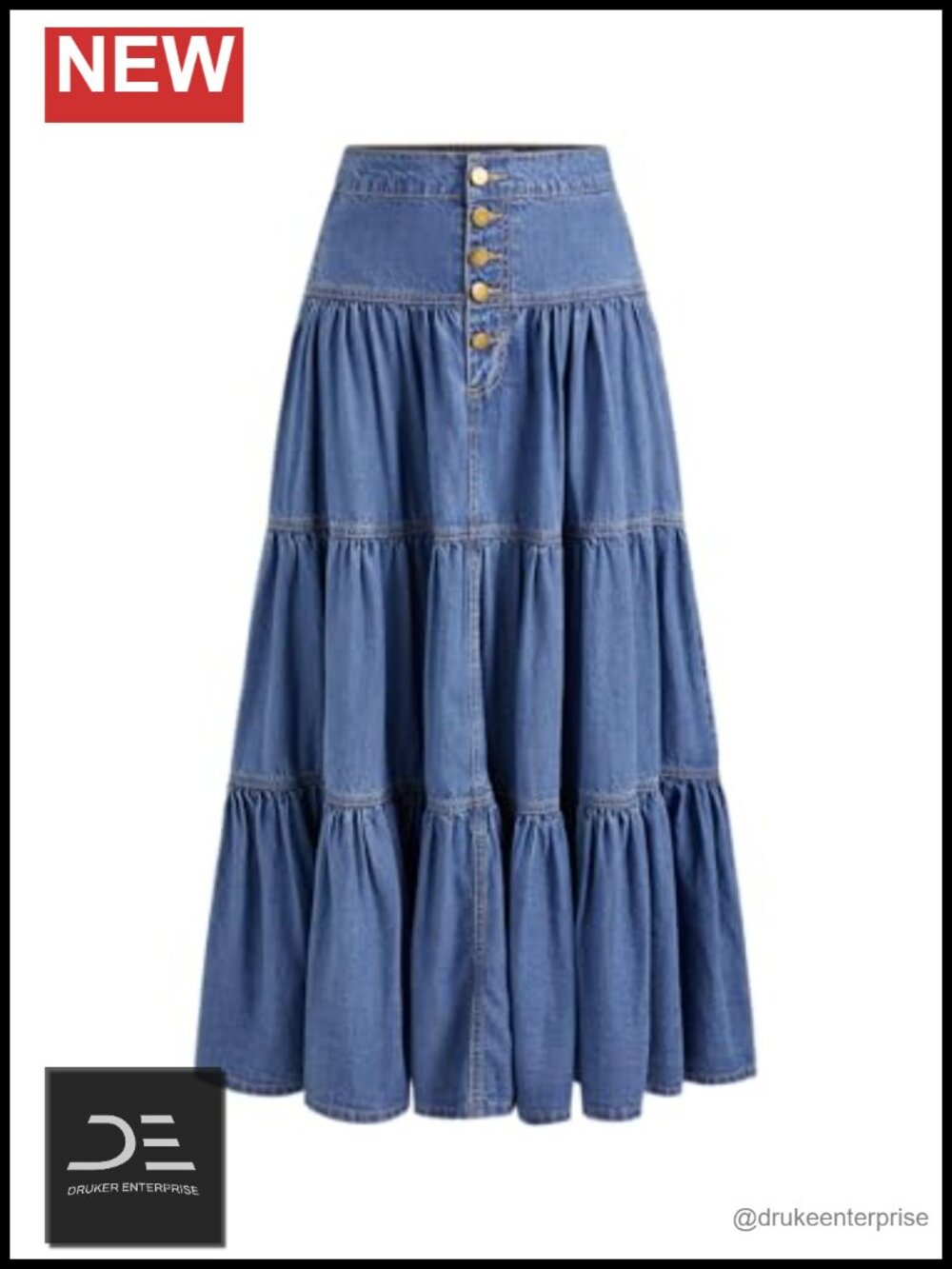Women's Tiered Button Down High Waisted Maxi Skirt Denim